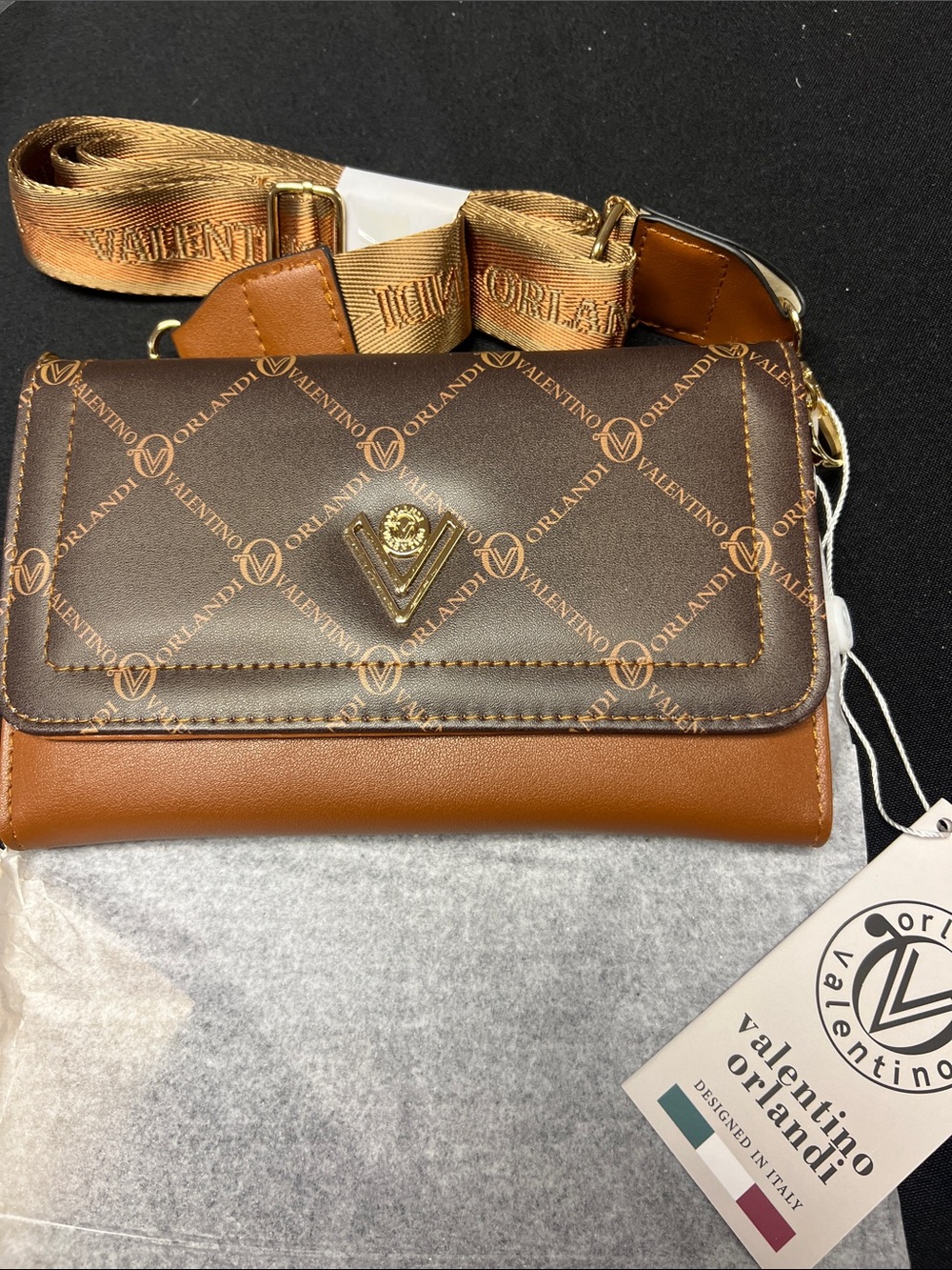 NWT Valentino Orlandi Brown and Tan Monogram Crossbody Bag Purse